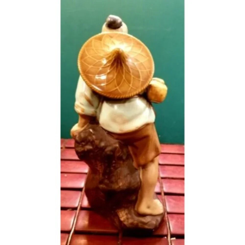 Vintage Chinese Mudman Fisherman Clay Figurine Sitting On Rock No Pole Excellent